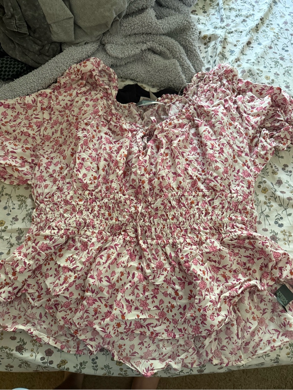 Time and Tru Pink Floral Smocked Waist Blouse
